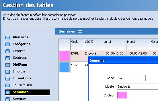 Table semaine